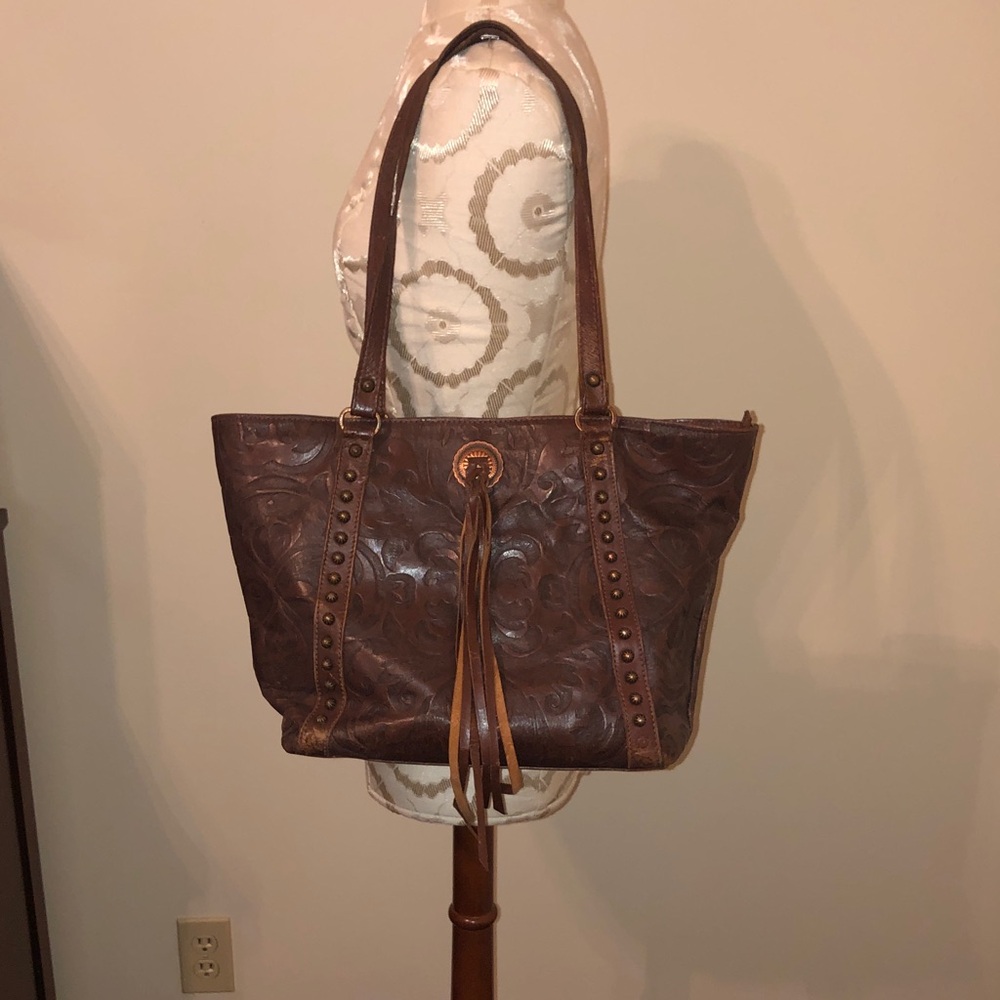 American West Embossed Brown Copper Studded Shoulder Bag/Purse Zip Closure